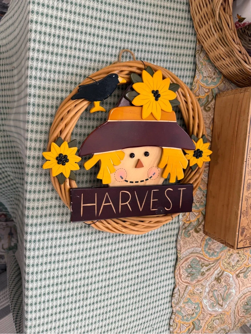 Vintage Harvest Scarecrow Wreath Wall Hanging Decor - Rustic Farmhouse Cottage
